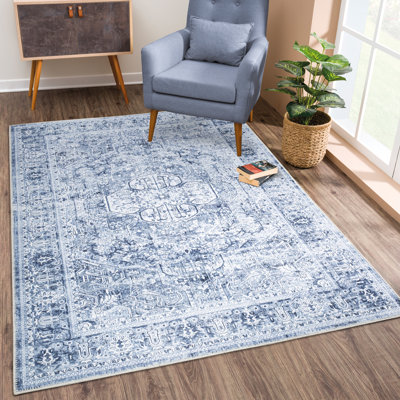 Bloom Rugs Washable Non-Slip Rug - Ivory / Denim Blue Traditional Medallion Area Rug for Living Room, Bedroom, Dining Room, and Kitchen