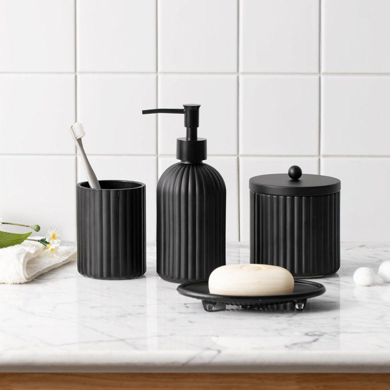 Ensemble de 4 accessoires de salle de bain en verre épais à motifs pressés, décor de comptoir de salle de bain, Noir