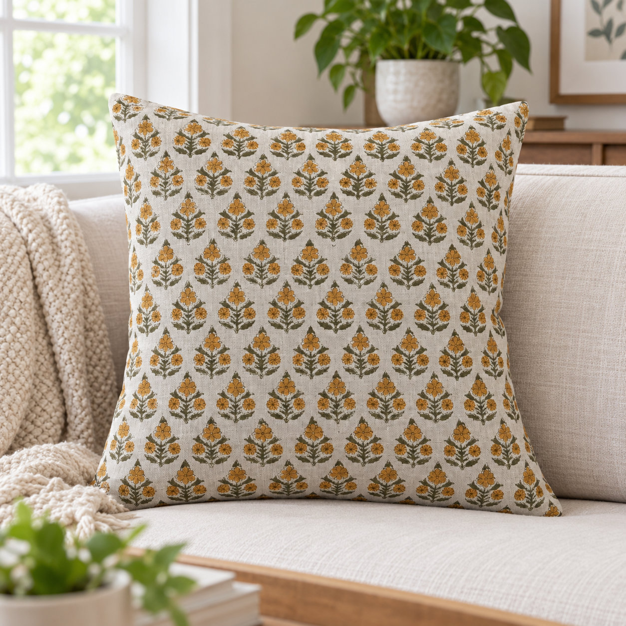 Floral Linen Reversible Throw Pillow