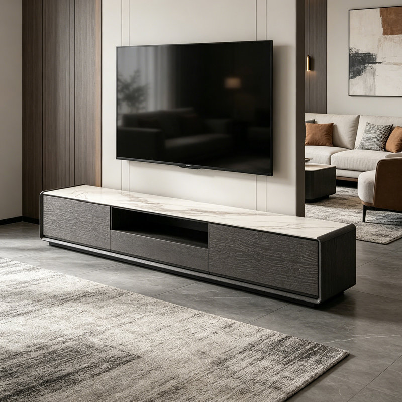Meuble télé clair, 13.77"H x 78.74"L x 15.74"W, Marble White/Grey/Black