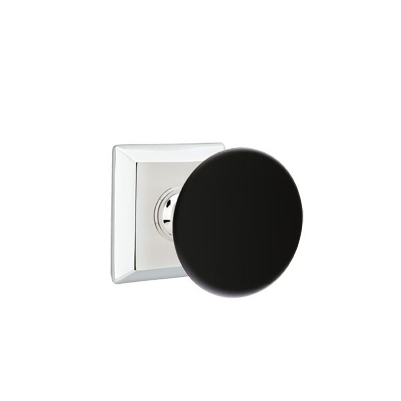 Ensemble de faux boutons Emtek avec rosette Quincy et bouton en porcelaine ébène, Chrome poli