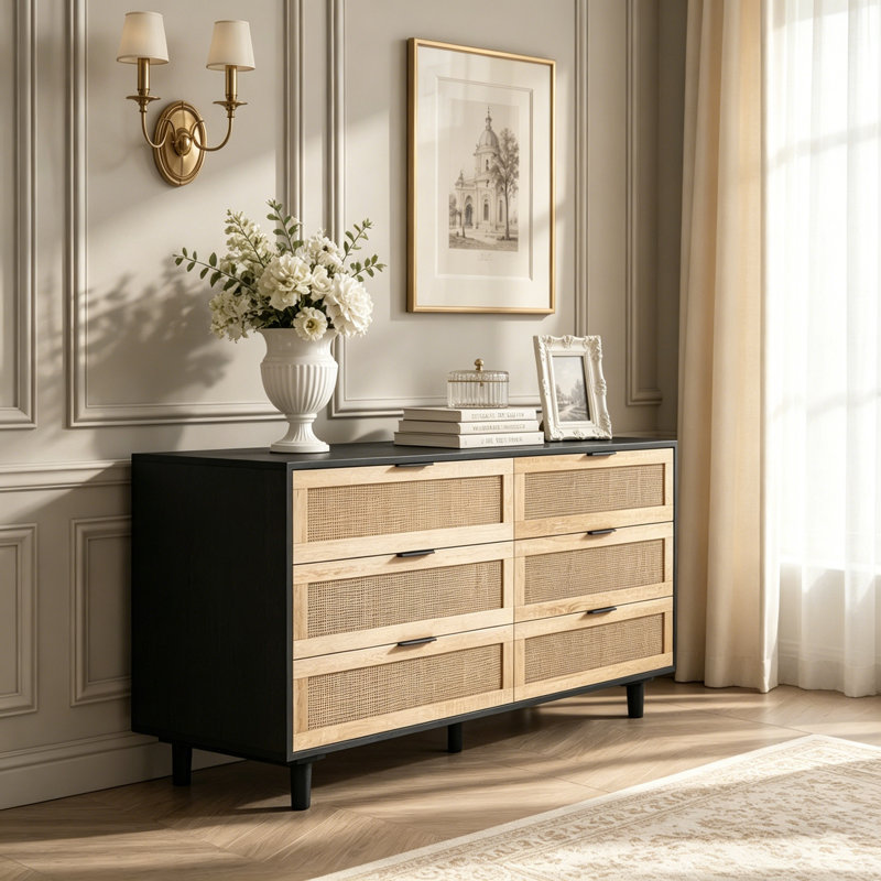 Armoire de rangement en rotin 6 tiroirs, 51.18"W, Black