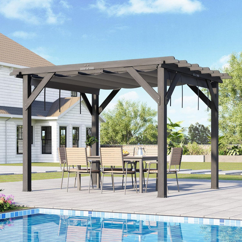 Pergola en bois 10 x 12 pi, structure solide avec auvent rétractable pour patio et jardin