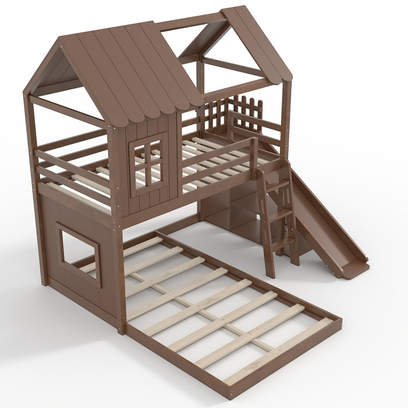 Lit superposé double en bois massif avec tablettes, garde-robe et glissade, Double sur double, Naturel foncé