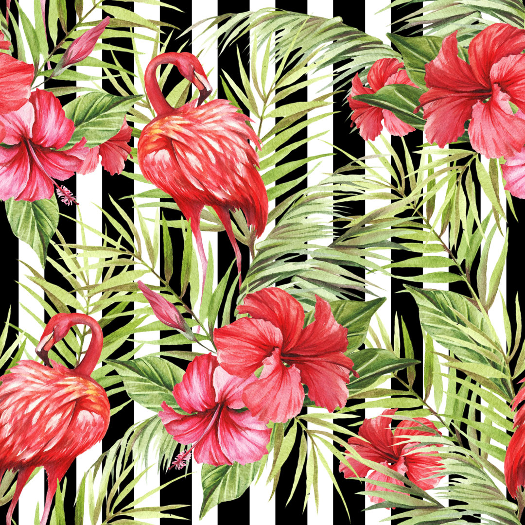 Flamingo und Hibiskusblüten - Druck