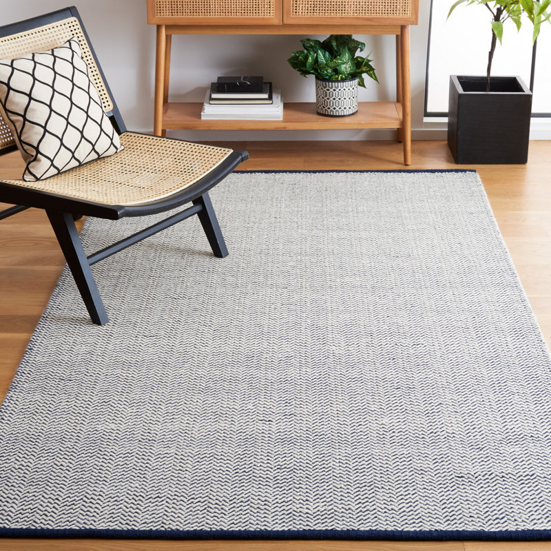 Vermont Hand Woven Cotton/Wool Abstract Rug in Navy/Ivory, Rectangle 5' x 8'