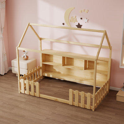 Twin Size Wooden House Bed With Bookshelf