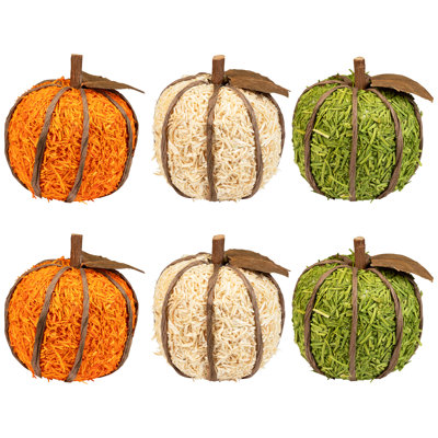Décorations de récolte d'automne texturée en bois déchiqueté - 3,5 po - orange et vert - ensemble de 6