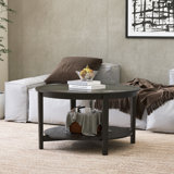 Double-layer Solid Wood Round Coffee Table with Tempered Glass Top