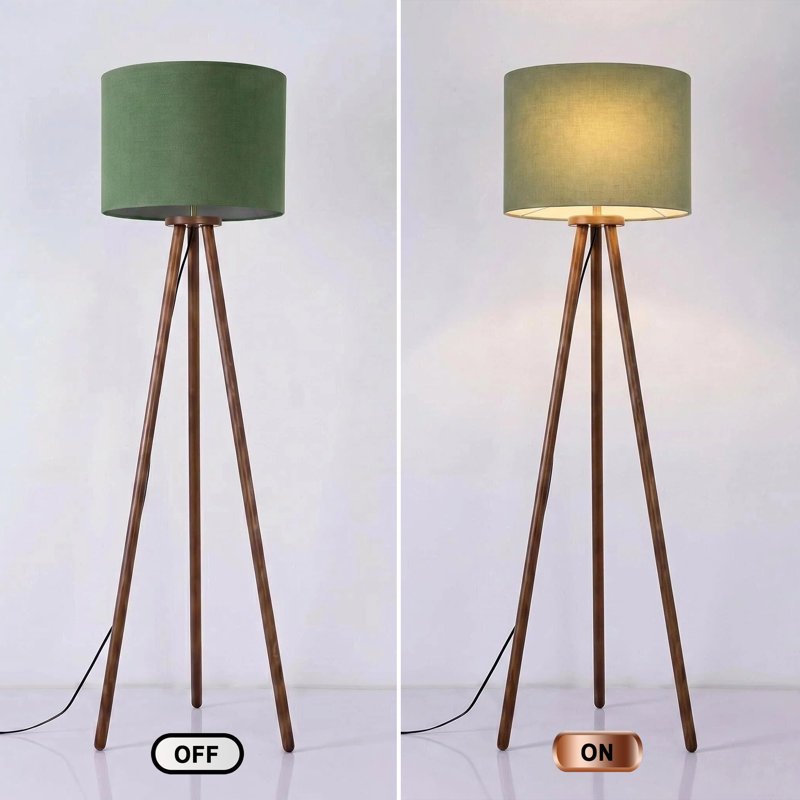 60.6" Modern Rustic Tripod Floor Lamp with Solid Rubber Wood Legs, Linen Drum Shade, Adjustable Height, Foot Switch Control, cULus Certified for Living Room Side Tables, Bedroom Corners, Home Offices or Study Rooms