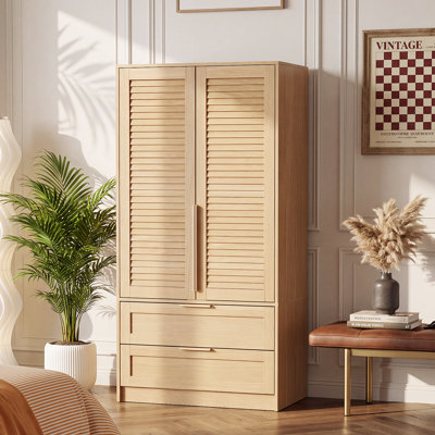 Freestanding Wooden Wardrobe Armoire With 2 Drawers