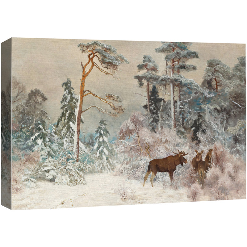 «Moose in Winter Pine Forest», art de chambre à coucher, impression sur toile encadrée, H 16 po x l 24 po, Toile tendue