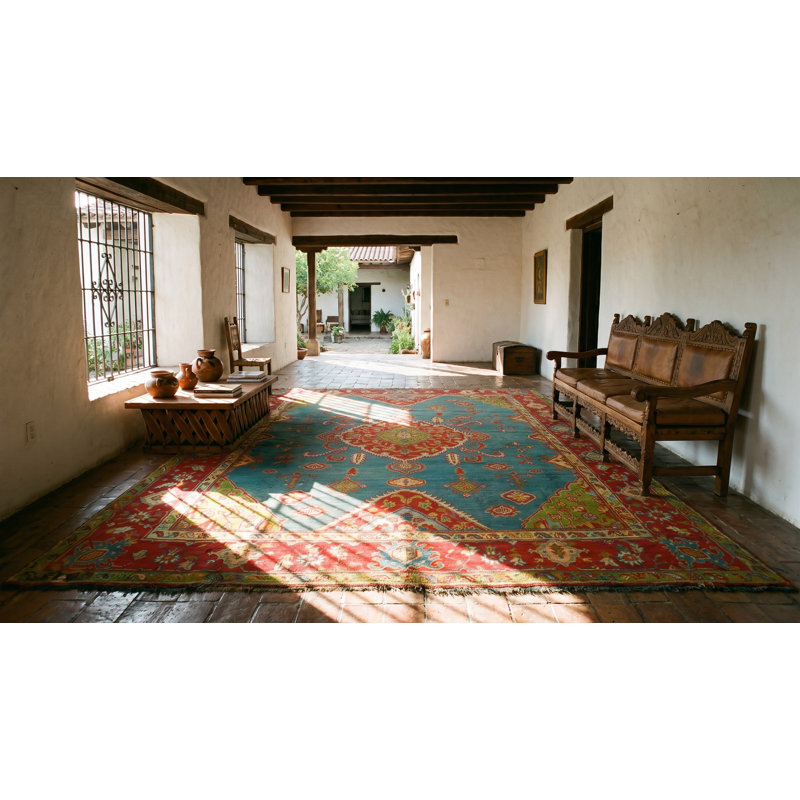 Bold Tribal Antique Light Blue Turkish Hand Knotted Wool Pile Medallion Oushak Rug