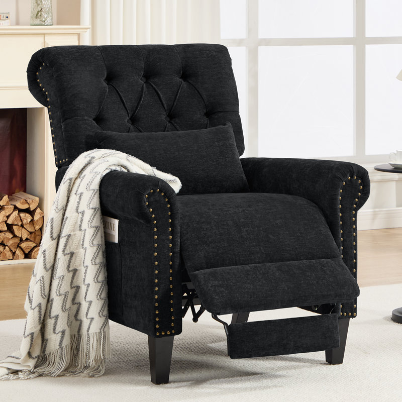 Fauteuil inclinable en chenille avec capitonnage et garniture cloutée, Noir