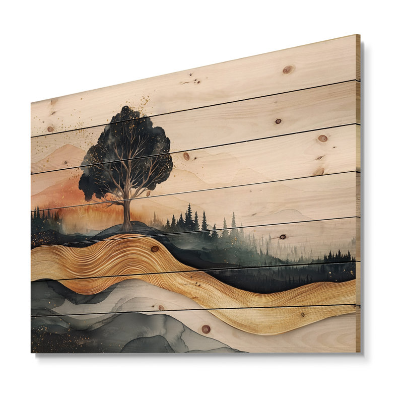 «Sunrise Forest In Marble Field Landscape II», art mural en bois forêt - sur bois de pin naturel