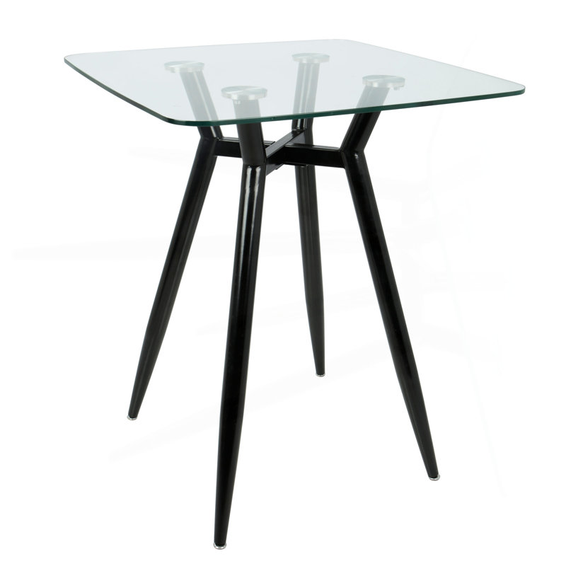 Clara Mid-Century Modern Square Counter Table With  Metal Legs And Clear Glass Top, Black