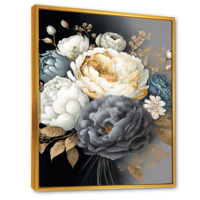 Bouquet de pivoines blanches, bleues et grises I - Impression sur toile, H 20 po x l 12 po x P 1 po, Cadre flottant doré