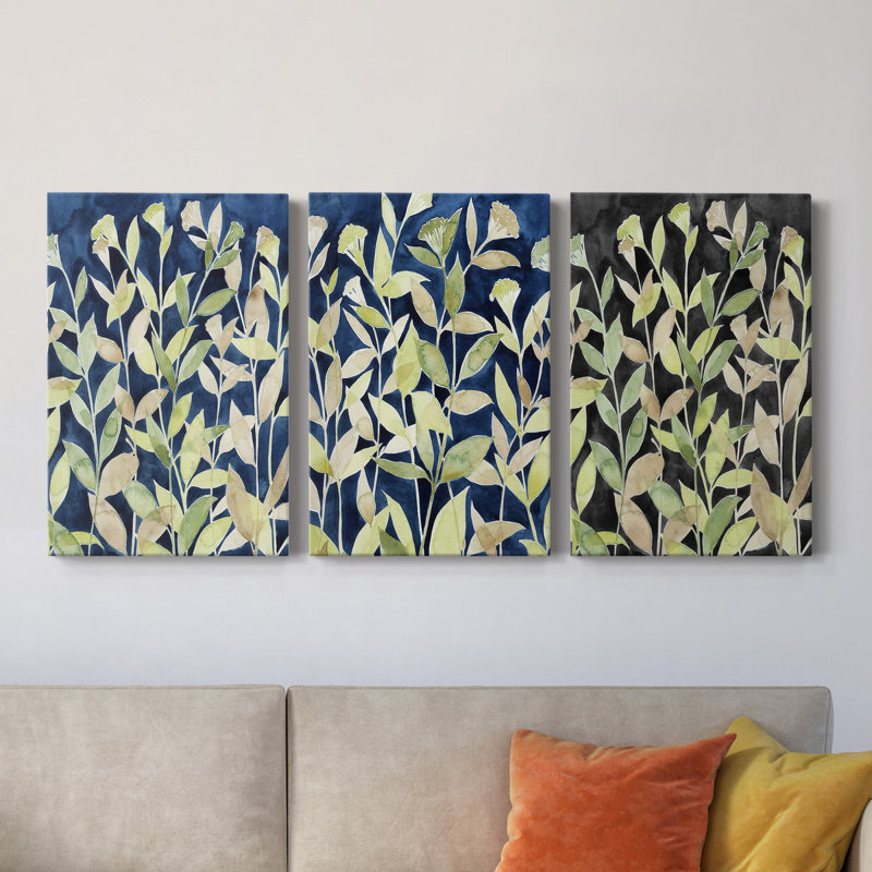 Indigo Blooming Night I, toile tendue avec châssis de qualité supérieure - prête à être accrochée, H 12 po x l 24 po x P 1 po