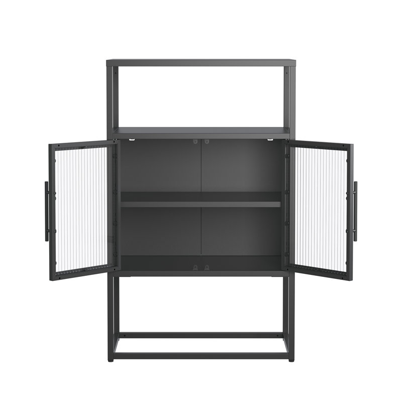 Benvolio 41.34-inch Black Two Door Metal Storage Cabinet with Fluted Clear Doors and Above Cabinet Display