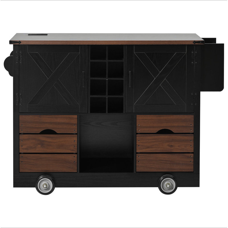 Îlot de cuisine de 54 po avec abattant, prise de courant, chariot de rangement de cuisine avec 2 portes, 2 tiroirs, îlot de cuisine sur 4 grandes roulettes avec support à épices pour la cuisine, la salle à manger