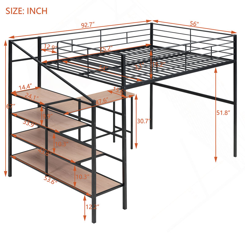 Lit mezzanine en métal Chromite avec bureau et échelle de rangement latérale