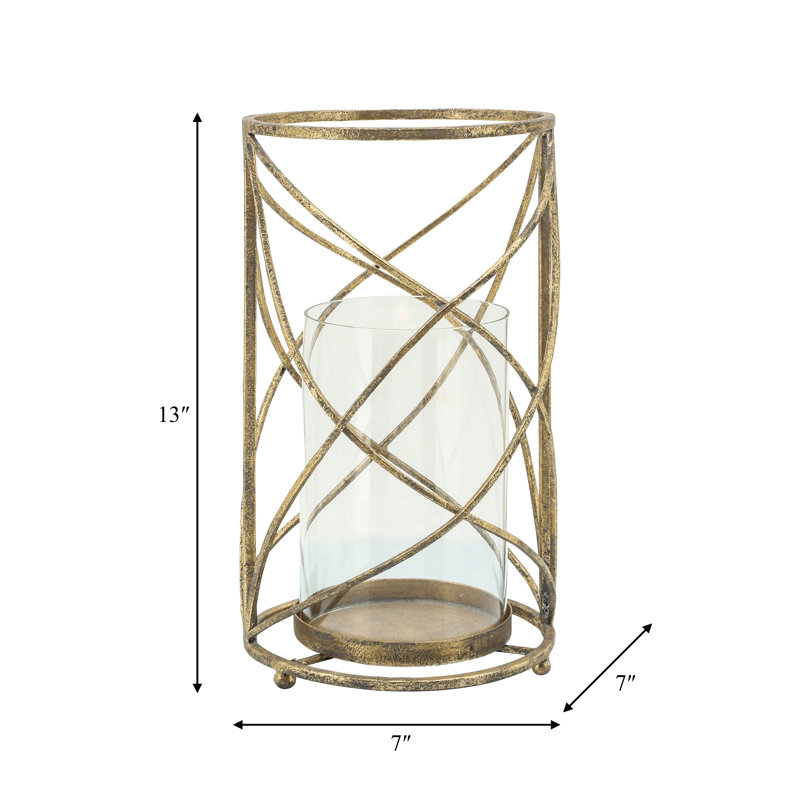 Metal and Glass Pillar Candle Holder with Openwork Geometric Frame - Decorative Accent for Modern and Glam Spaces, Gold