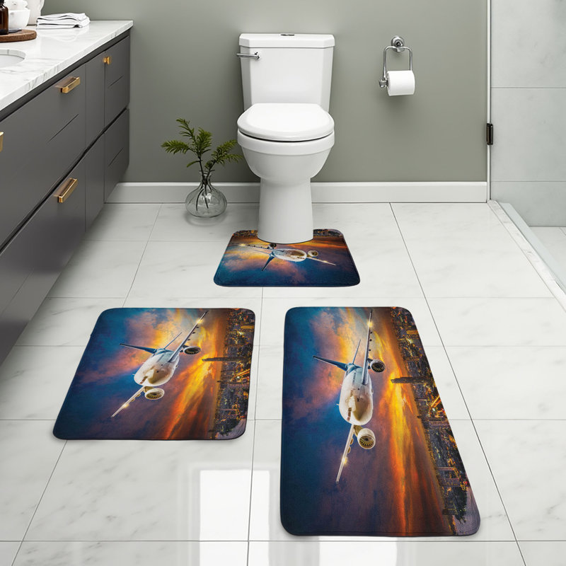 Travel Bathroom Rug Set 3 Pieces U-Shape & Rectangle Mats Orange Blue