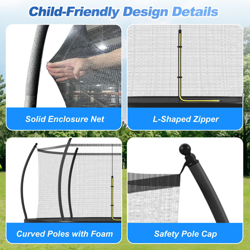Round Trampoline with Basketball Hoop for Kids & Adults, Outdoor Trampoline with Enclosure Net, Ladder & Curved Poles