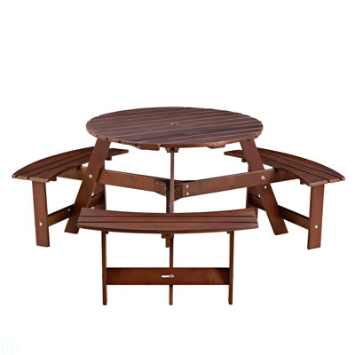 Table de pique-nique d'extérieur pour 6 personnes, table de pique-nique ronde pour 6 personnes avec 3 bancs intégrés, trou pour parasol, ensemble de table et banc d'extérieur pour le jardin, la cour, le porche, le patio, brun