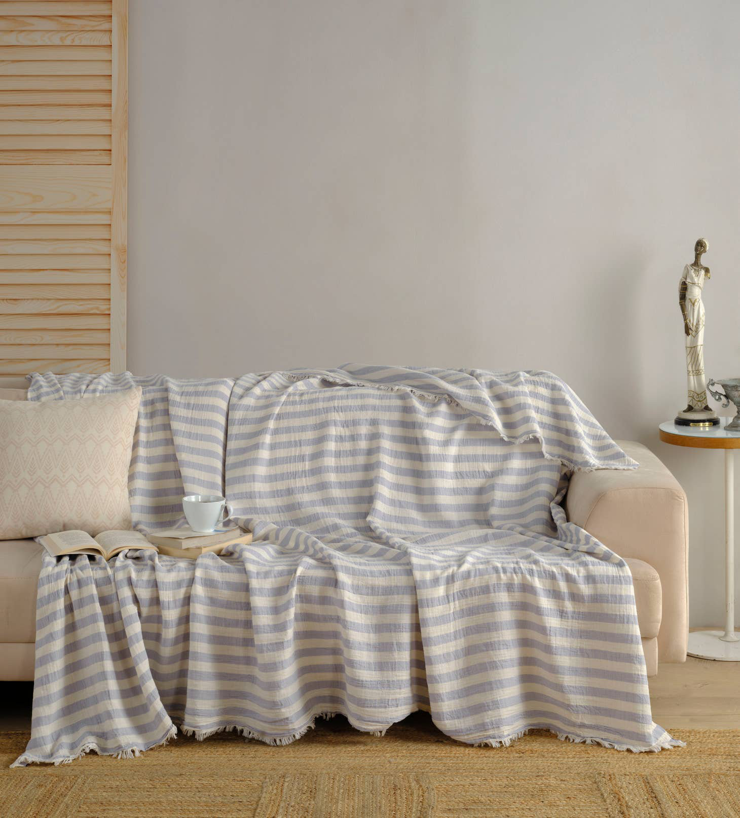 KAFTHAN Textile Muslin %100 Turkish Cotton Coverlet, Denim/Grey Striped | Wayfair