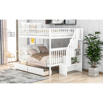 Full Over Bunk Bed In White With Storage And Drawers - Hosts 4, Long-lasting Guardrails, Practical Bed, Two & Fits 4 Individuals, Secure High Rails,