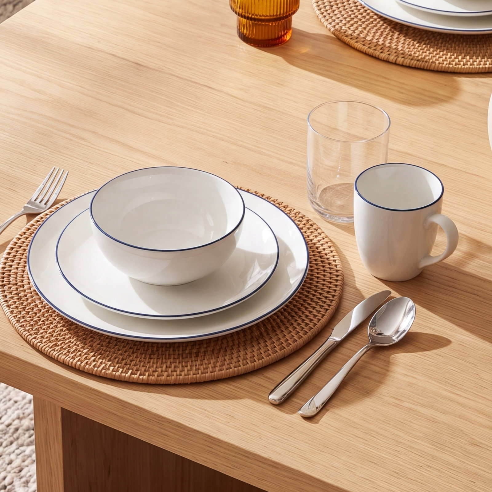Abbesses Porcelain Dinnerware Set, White/Blue