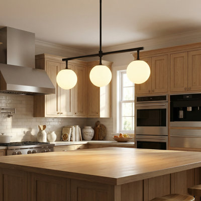 3-Light Modern Linear Chandelier, Matte Black Glass Globe Chandelier for Kitchen Island, Dining Room, E12