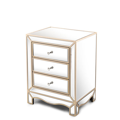 Meuble de rangement à 3 tiroirs avec miroir champagne, polyvalent. Construction en verre épais. Convient aux salons, chambres et bureaux. Résistant à la chaleur, facile à nettoyer rapidement et facilement. Poignée en cristal avec glissières élégantes.