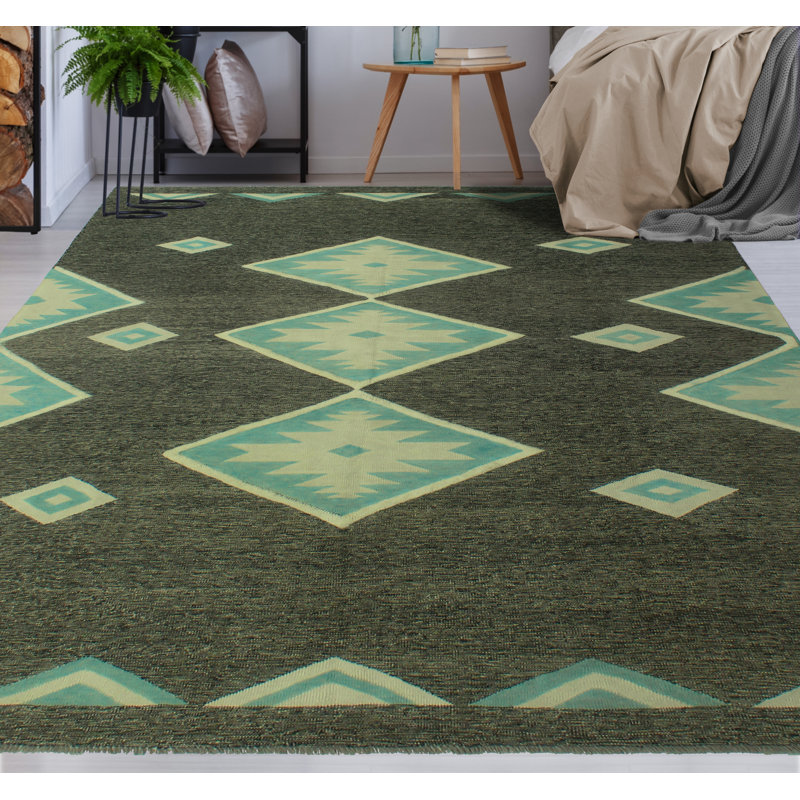 Tapis unique en laine noué à la main de 8 pi 3 po x 11 pi vert / bleu clair / blanc cassé Jaliel
