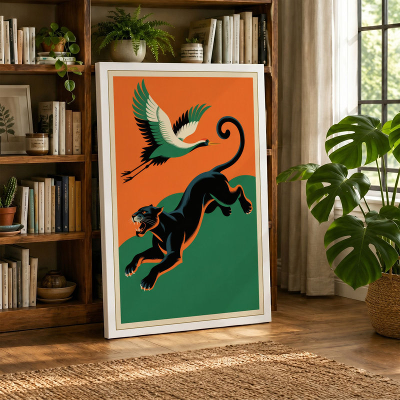 Cat and Crane Ascending Art Deco - Wrapped Canvas, 30x20 - 76.2 x 50.8 cm, Terracotta Border