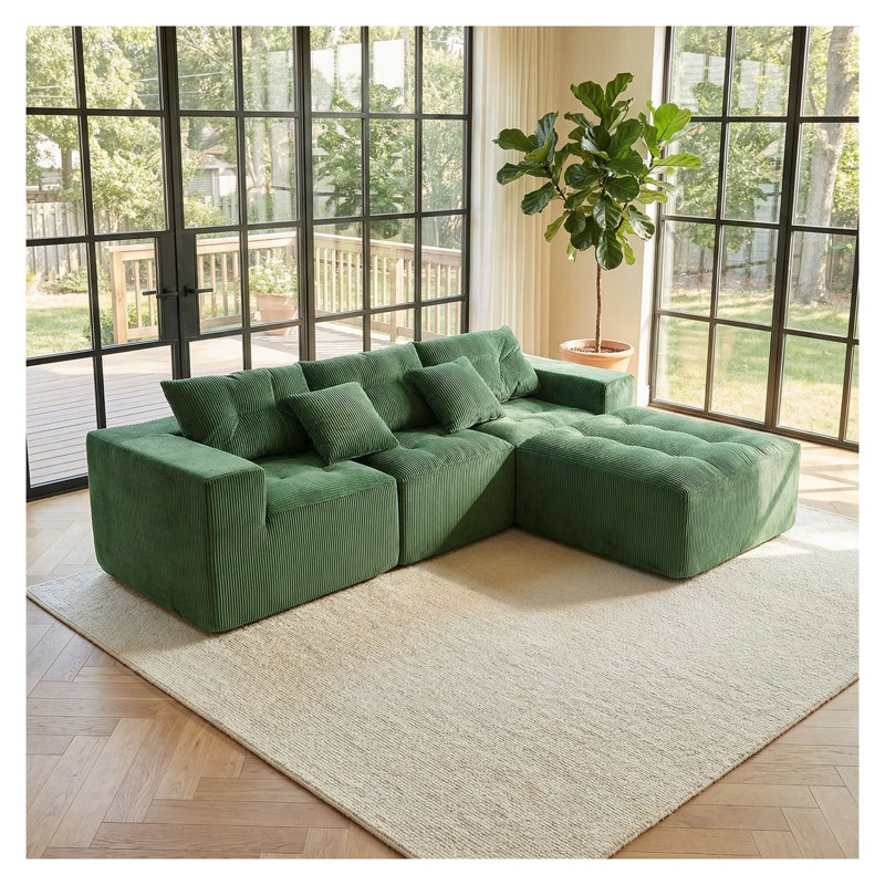 Canapé d'angle modulaire en velours côtelé de 257 cm (101 po), 3 places convertible avec méridienne amovible, configuration à faire soi-même pour le salon, vert