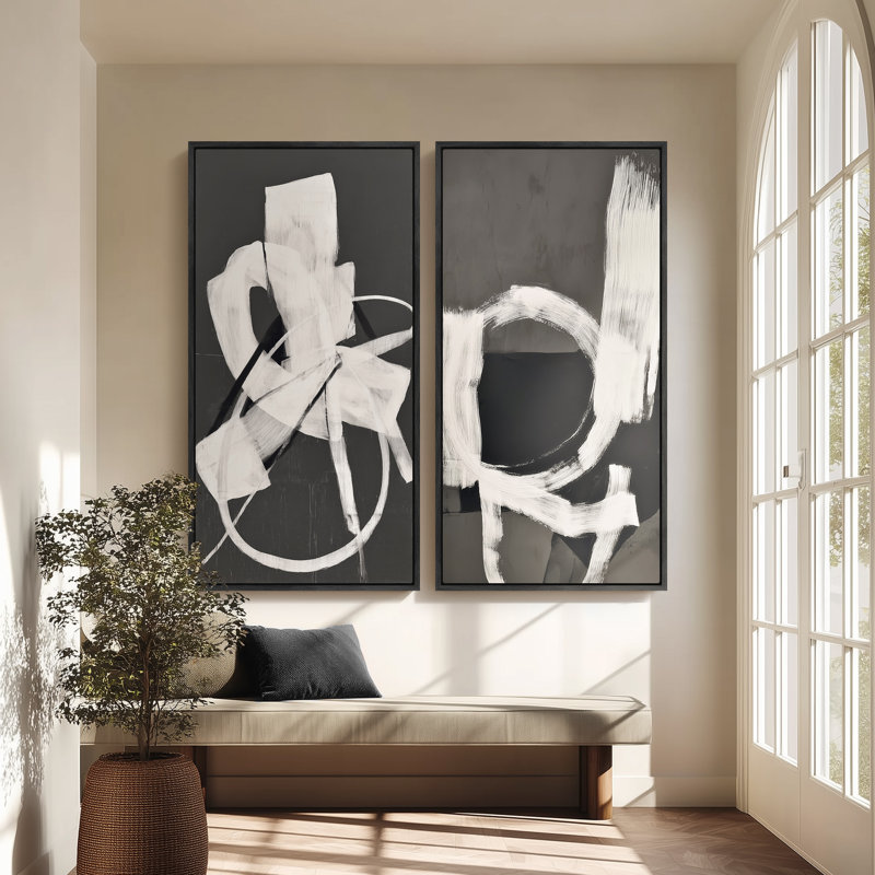 «Modern Modern Black & White Abstract Line Composition», ensemble de 2 reproductions d'art encadrées sur toile 60 po x 20 po x 2 pièces, 60 po x 30 po x 2 pièces