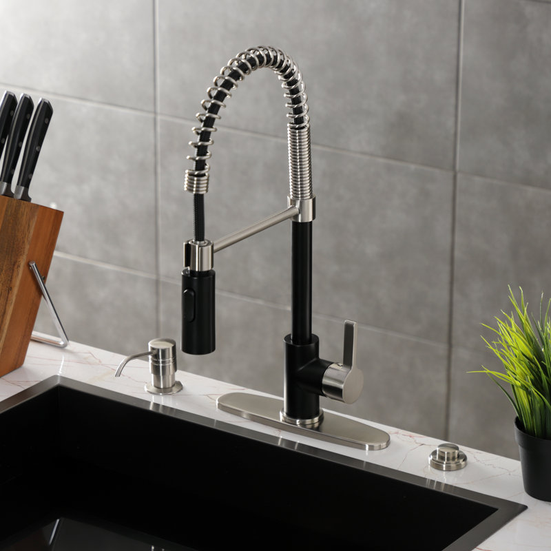 Robinet de cuisine monocommande à 1 trou à fixation sur comptoir Kingston Brass Continental, Noir mat / Nickel brossé