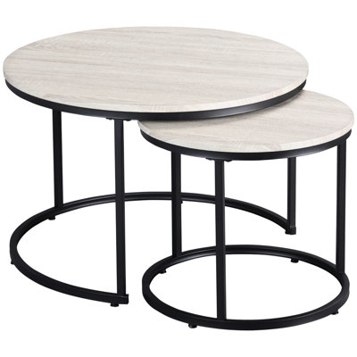 Tables gigognes rondes, de 2, grises. Tables basses de salon à structure métallique. Flair industriel, bout polyvalent et côté peu encombrant et stable. Capacité de poids de 22 lb chacune. 29,5 po x 19,25 po H 19,75 po 17,75 po