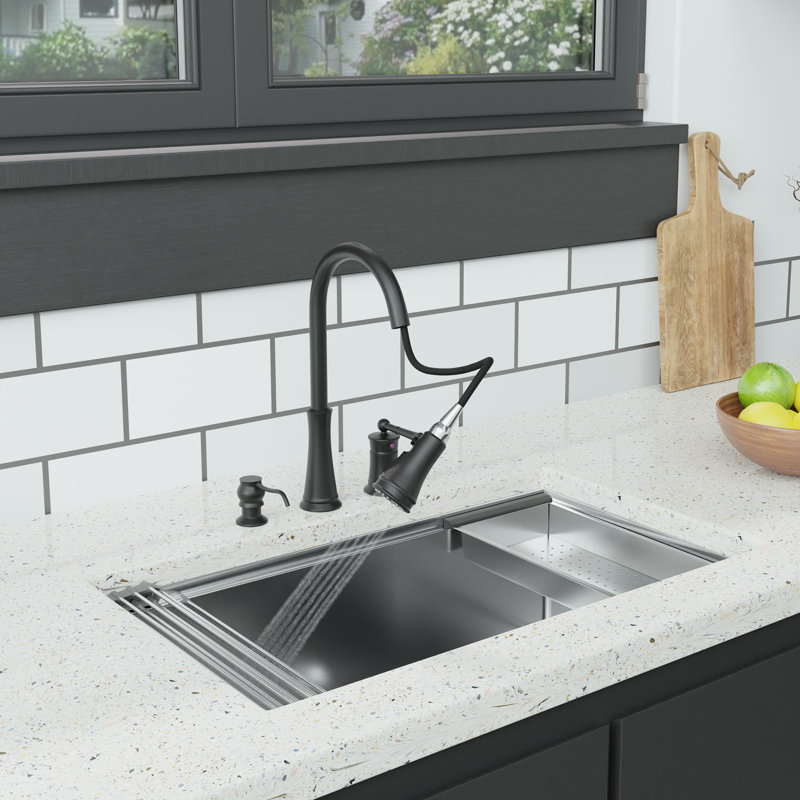 clihome Pull Out and Pull Down Kitchen Faucet with and with Soap Dispenser, Matte Black