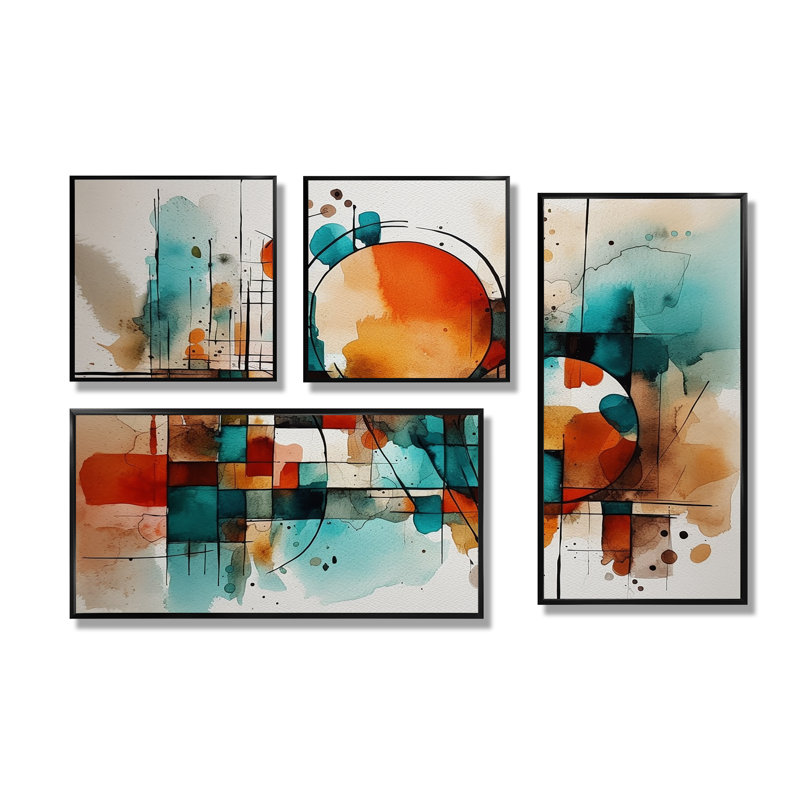 Orange énergie géométrique - impressions d'art moderne sur toile 4 pièces, Framed Print without Mat, Doré