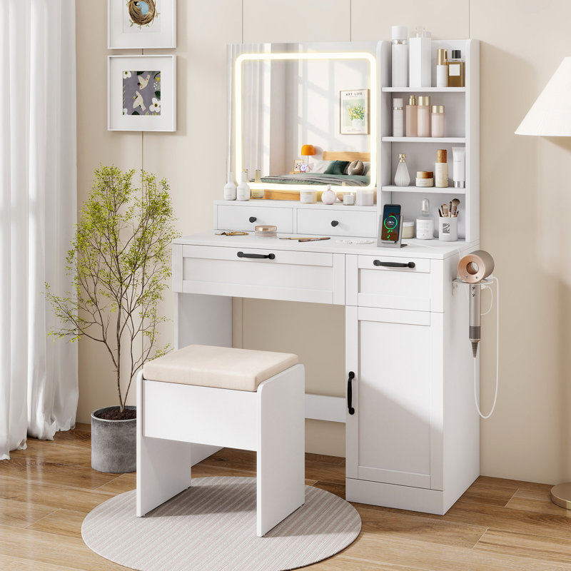  Ensemble de coiffeuse avec tabouret rembourré et table de maquillage avec luminosité réglable