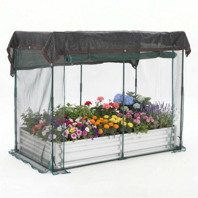 8×4×1 Ft Rustproof Galvanized Raised Garden Bed with Crop Cage, Fine Pest Net & 60% UV Shade Cloth Roof, Zipper Doors Metal Planter Box for Veggies, H
