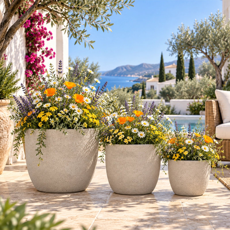 3 pots de fleurs ronds pour l'extérieur MGO, pots de fleurs texturés légers avec trou de drainage pour patio, Beige, jaune