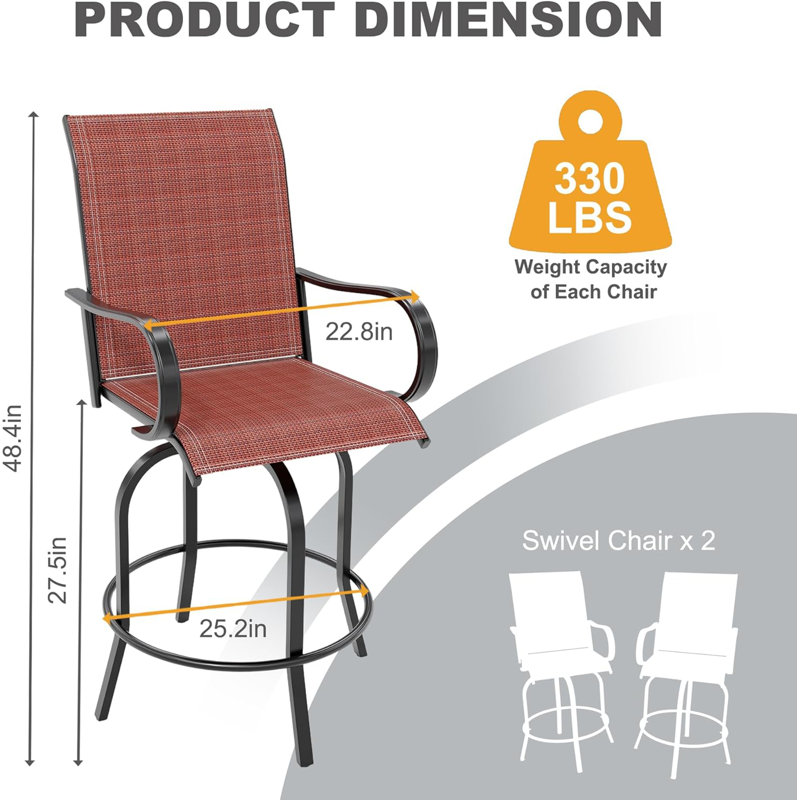 Tabourets de bar pivotants d'extérieur 2 pièces, chaises de patio toutes saisons avec dossier haut et accoudoirs, tabourets de bar pivotants à 360 ° pour patio, terrasse et cour arrière