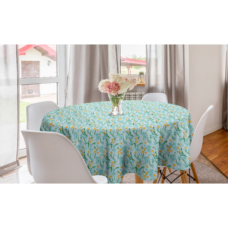 Ambesonne Flowers Round Tablecloth, Spring Garden Of Daffodil Blooms Meadow Chamomile Flourishing Revival, Circle Table Cloth Cover For Dining Room Kitchen Decoration, 60", Turquoise And Marigold