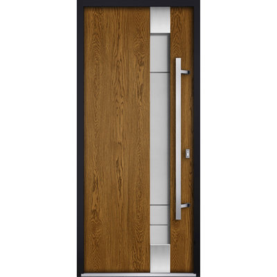 Front Exterior Prehung Steel Door Deux 1713 Natural Oak White Enamel Stainless Inserts Single Modern Painted-W36" x H80"-Left-hand Inswing
