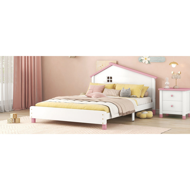 Lit plateforme en bois avec tête de lit en forme de maison, Simple, Crème / noyer
