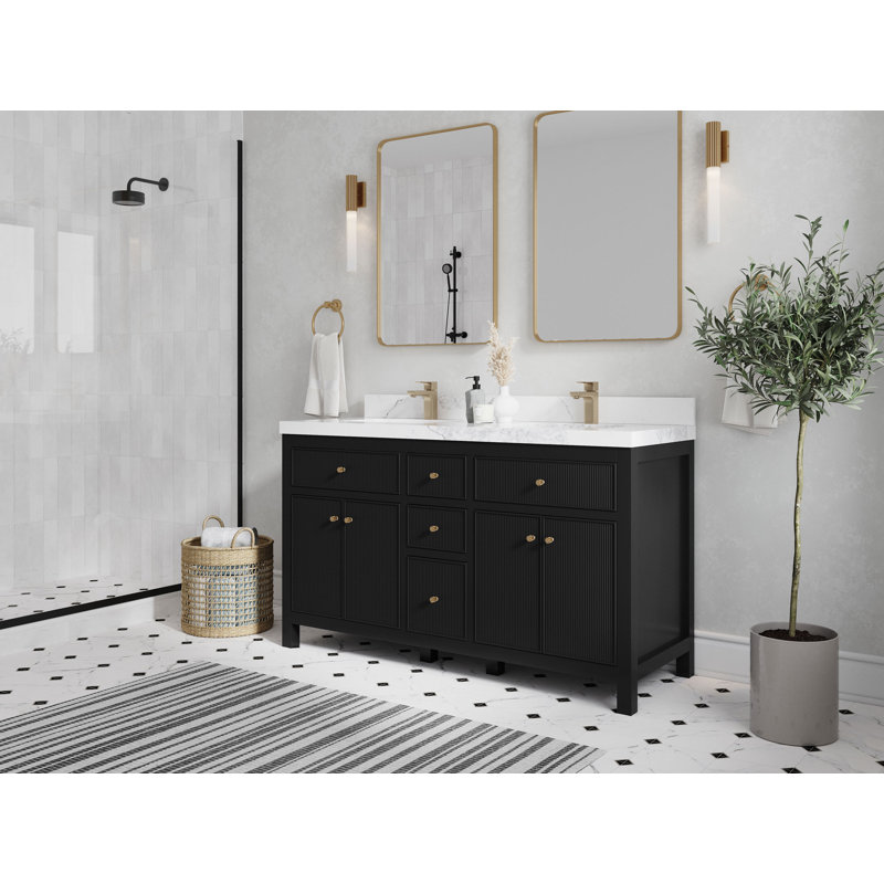 Ensemble de meuble-lavabo double l 60 po, Noir, Quartz de Carrare
